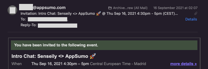 Senseily's email with AppSumo